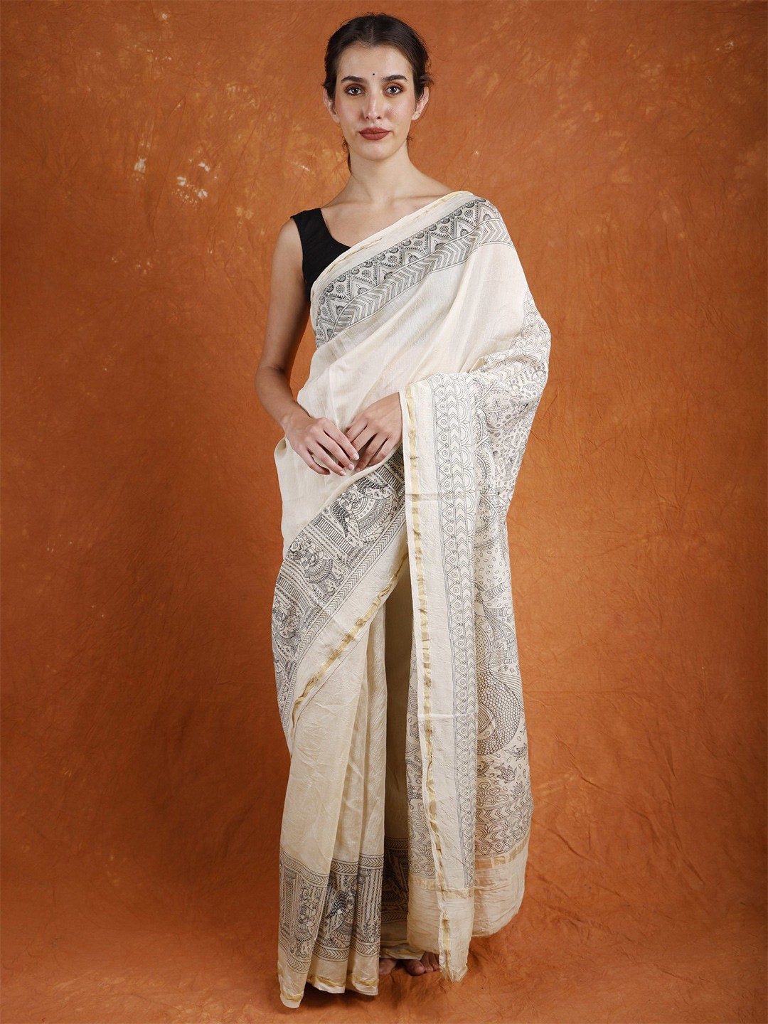 

Exotic India Printed Chanderi Silk Pachedi Folk Saree, Cream