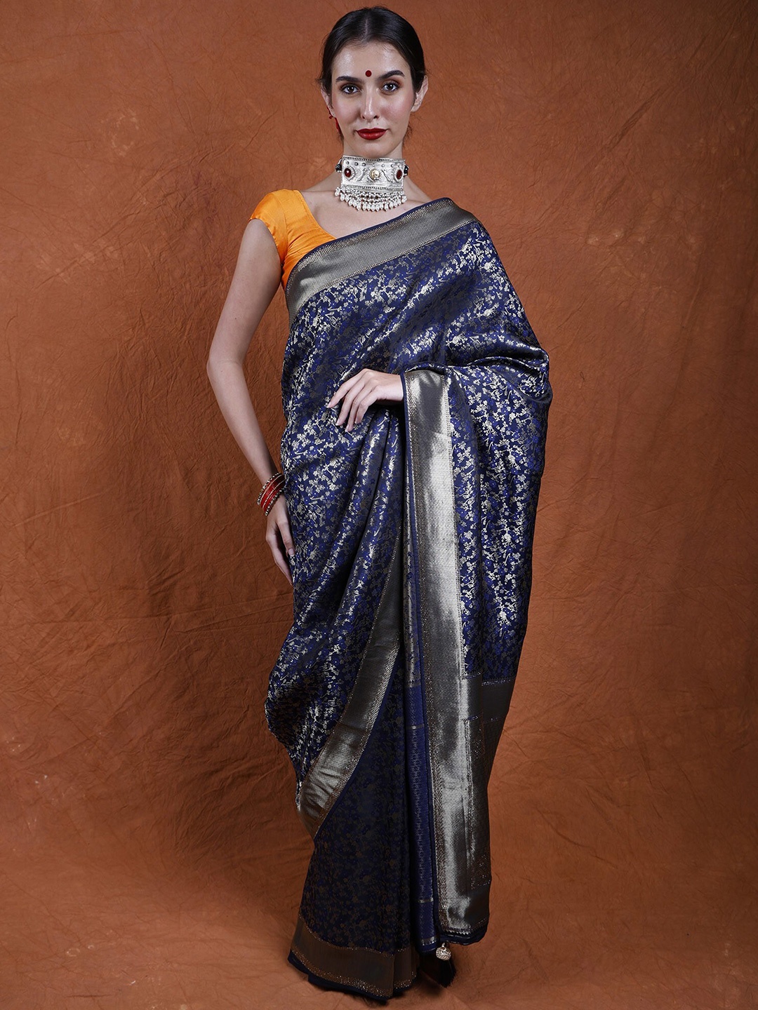 

Exotic India Floral Beads and Stones Pure Silk Banarasi Saree, Blue
