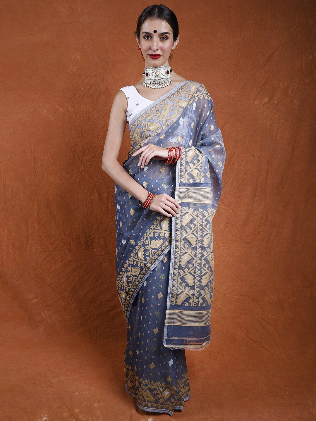 

Exotic India Woven Design Pure Cotton Handloom Jamdani Saree, Grey