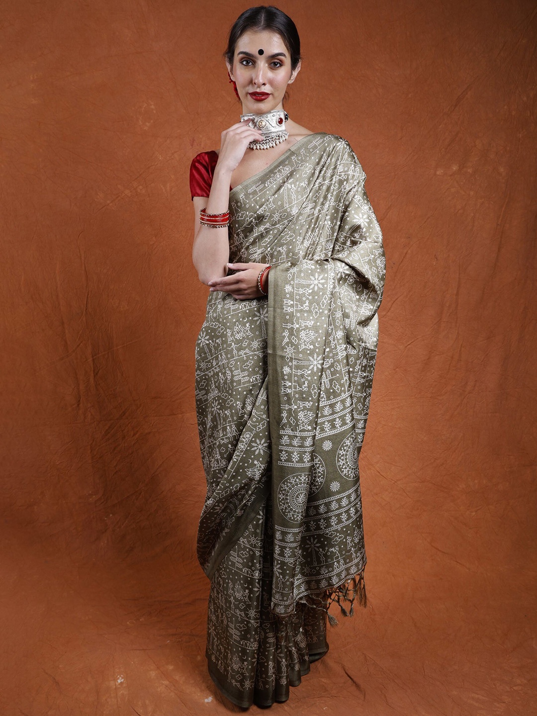 

Exotic India Warli Art Silk Saree, Olive