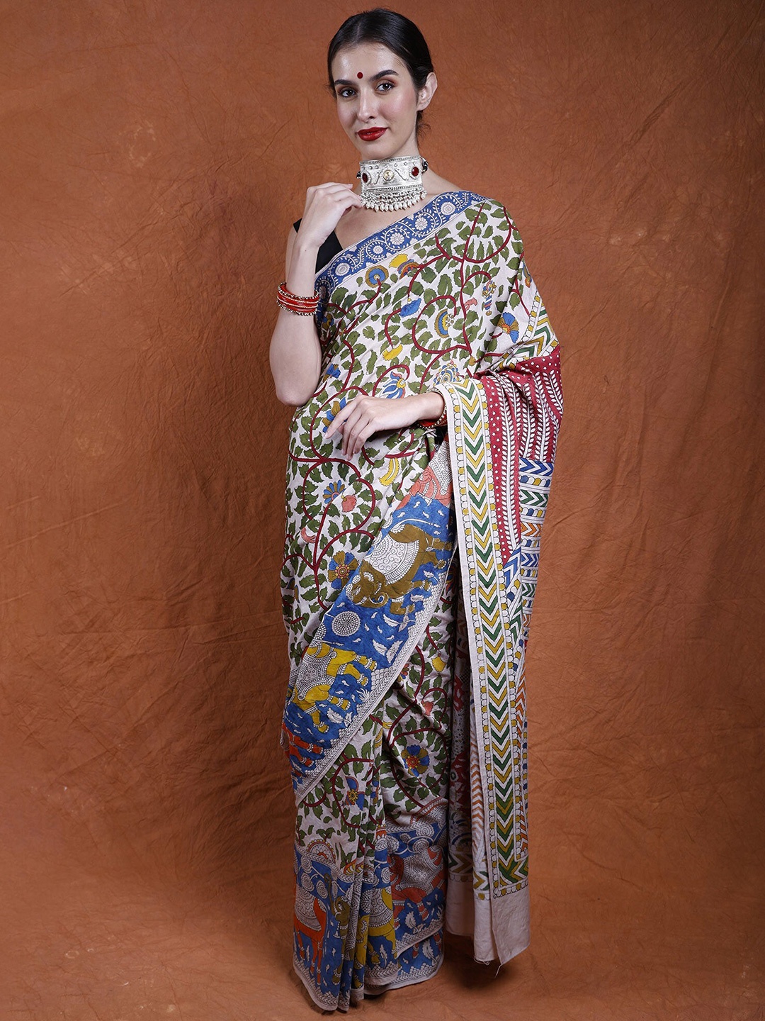 

Exotic India Pure Cotton Mata Ni Pachedi Folk Saree with Tree & Peacocks, Peach