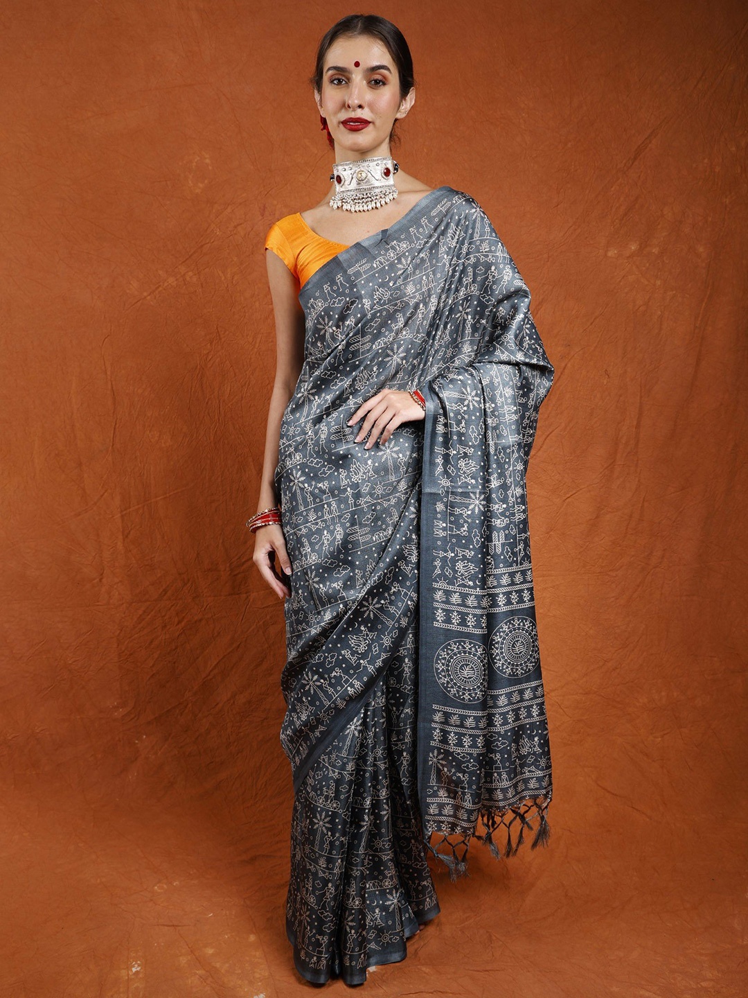 

Exotic India Printed Warli Art Silk Saree, Teal