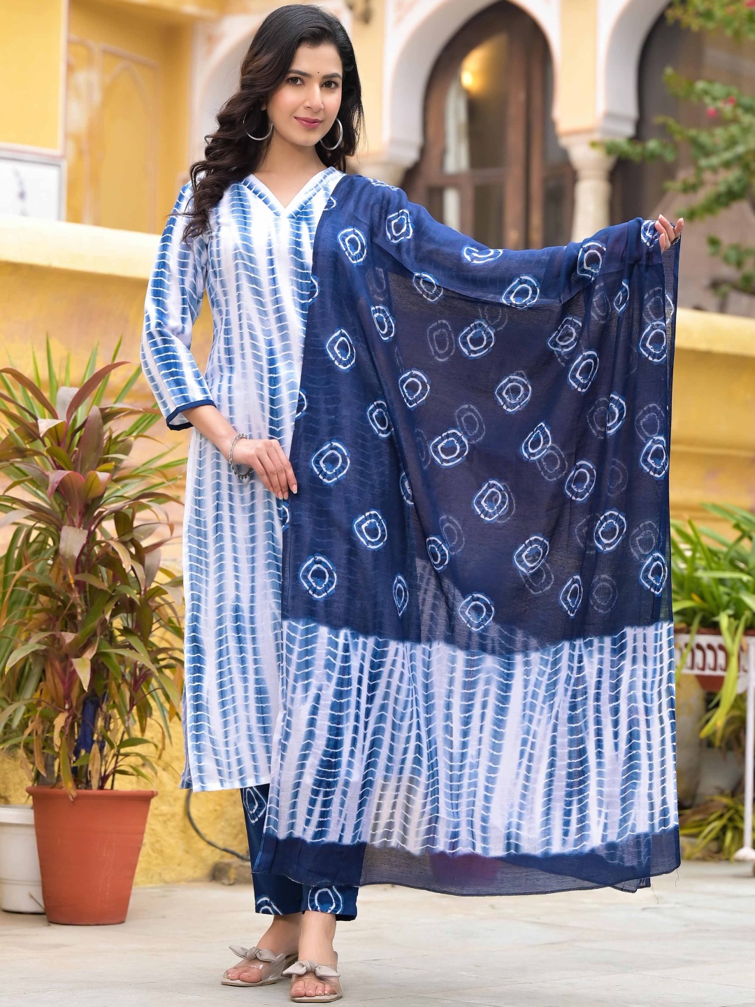 

KALINI Shibori Dyed Regular Straight Kurta With Trousers & Dupatta, Blue