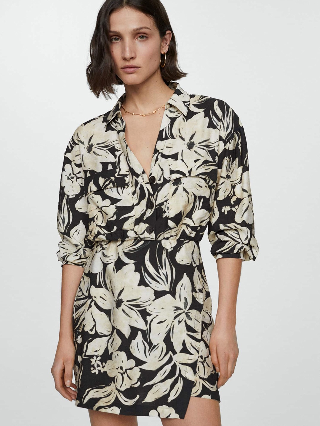 

MANGO Floral Print Shirt Dress, Black