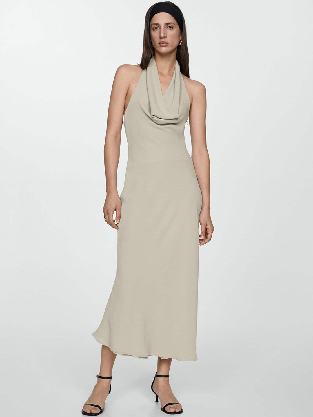 

MANGO Halter Neck Sheath Midi Dress, Beige