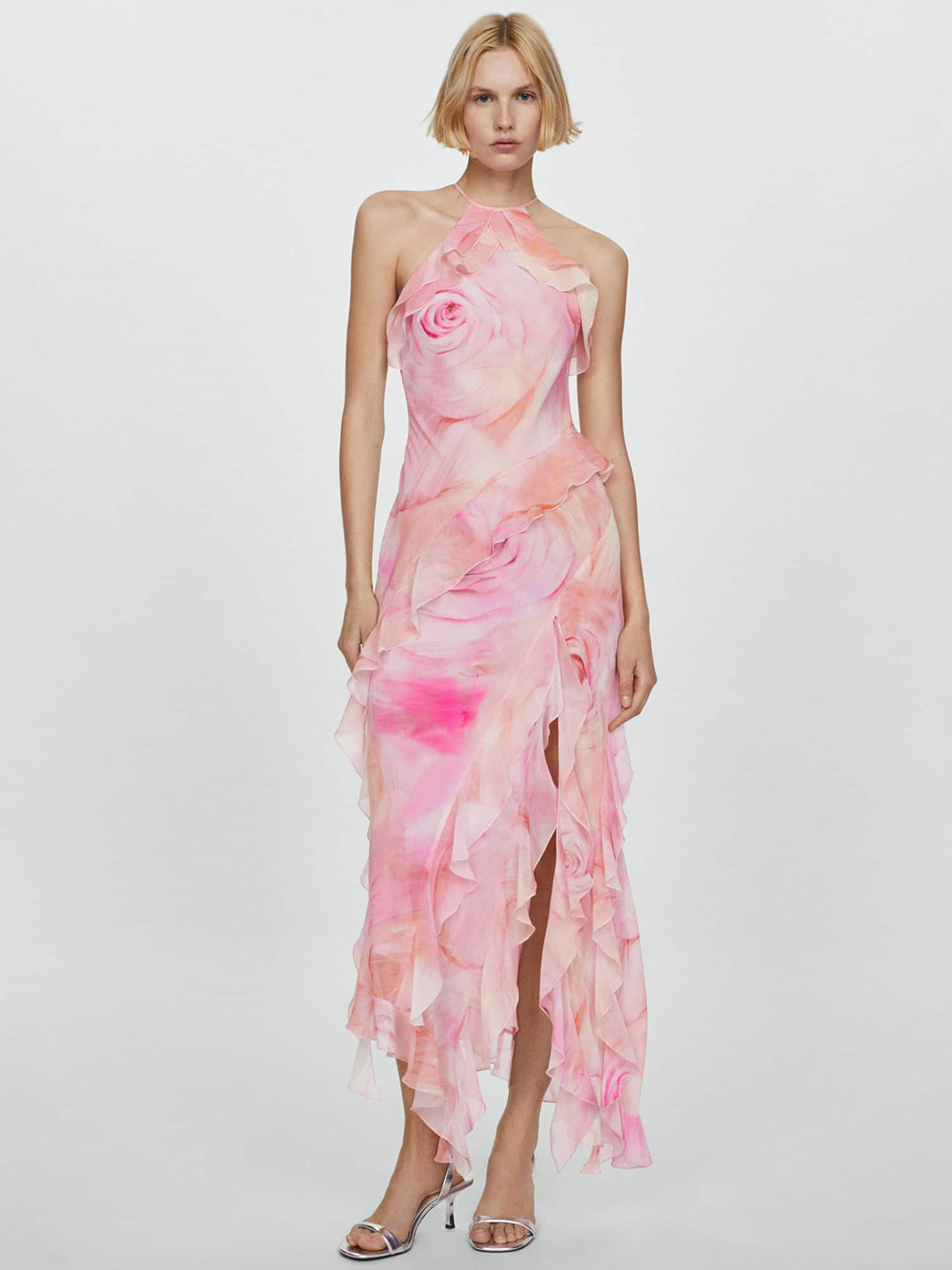 

MANGO Floral Print Ruffled Maxi Dress with Slit, Pink