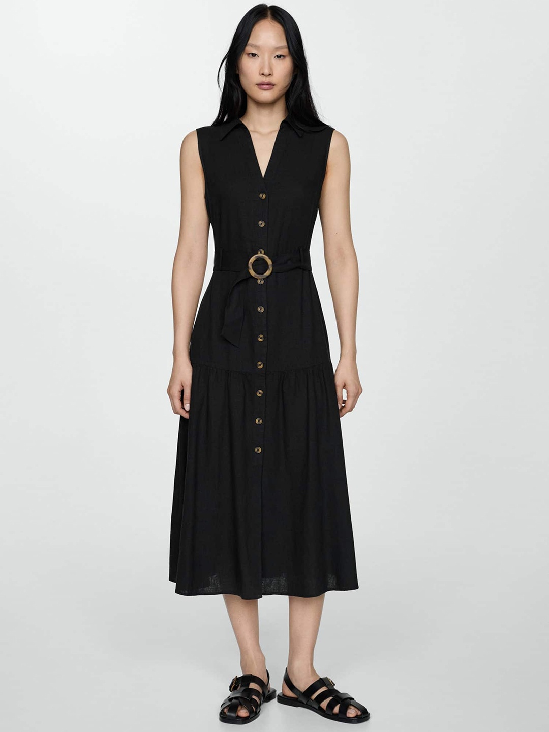 

MANGO Linen Shirt Midi Dress, Black