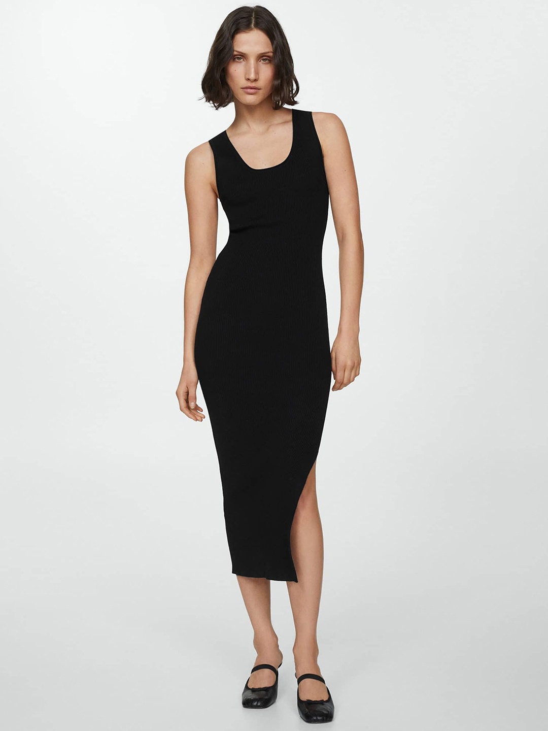 

MANGO Ribbed Bodycon Midi Dress, Black