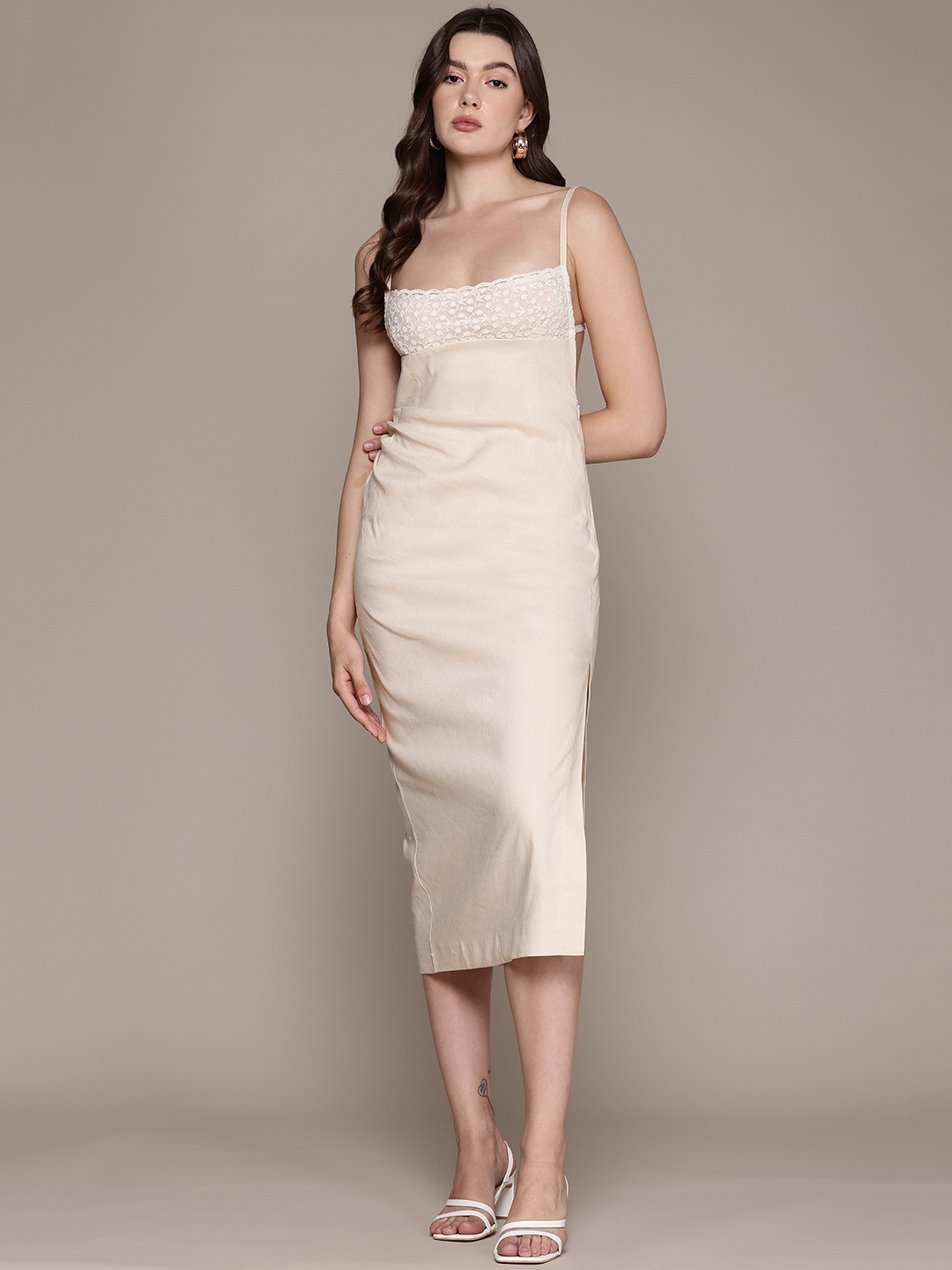 

MANGO Lace Inserts Detail Sheath Midi Dress, Beige