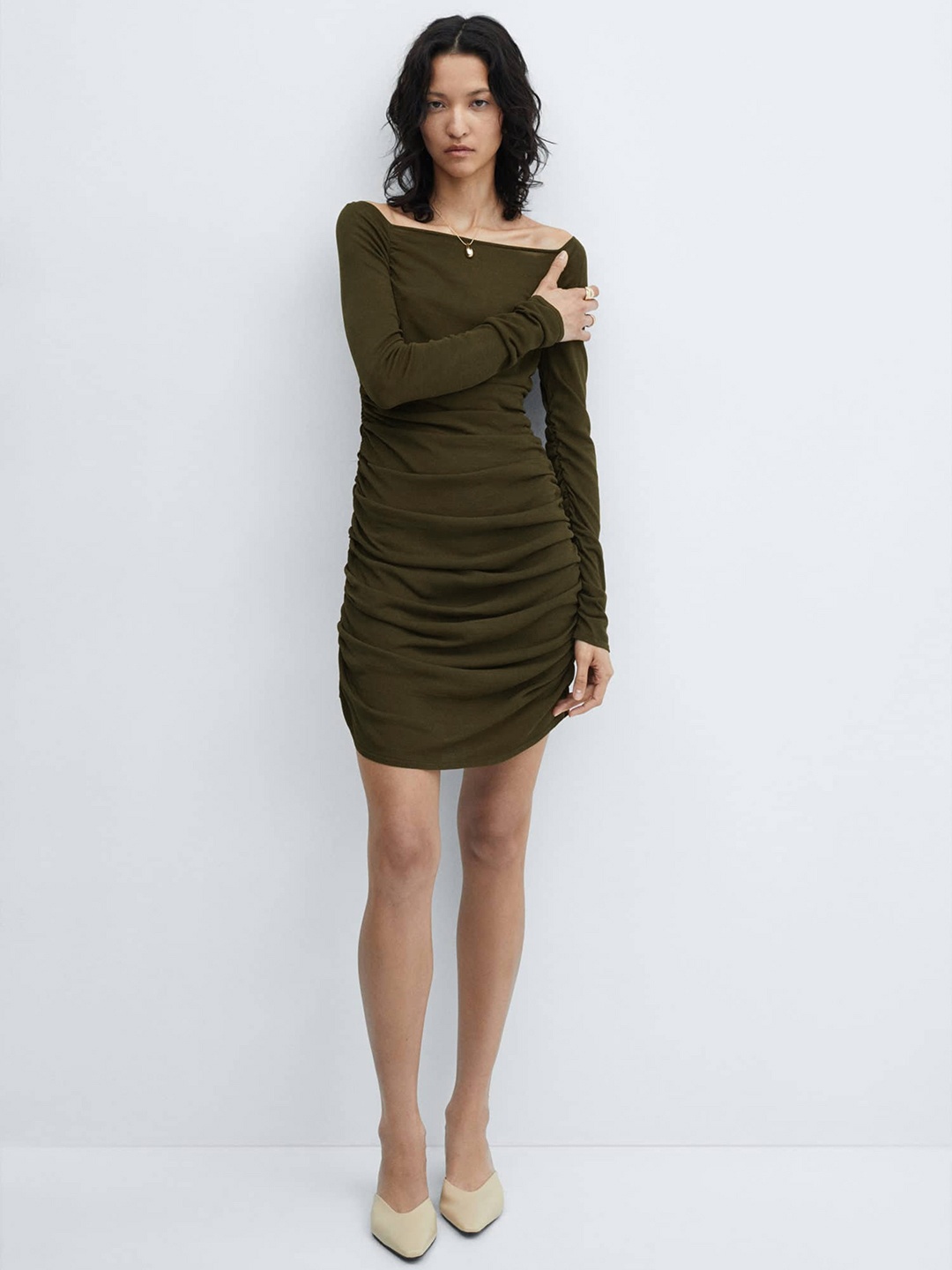 

MANGO Square Neck Ruched Bodycon Dress, Olive