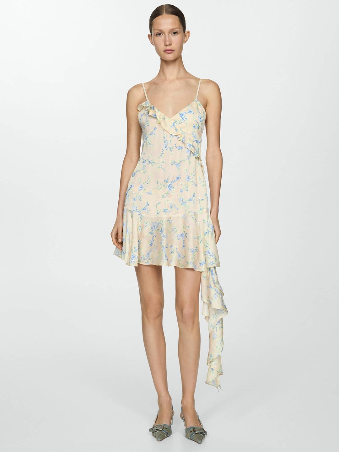

MANGO Floral Print Sequined Ruffled Drop-Waist Mini Dress, Beige