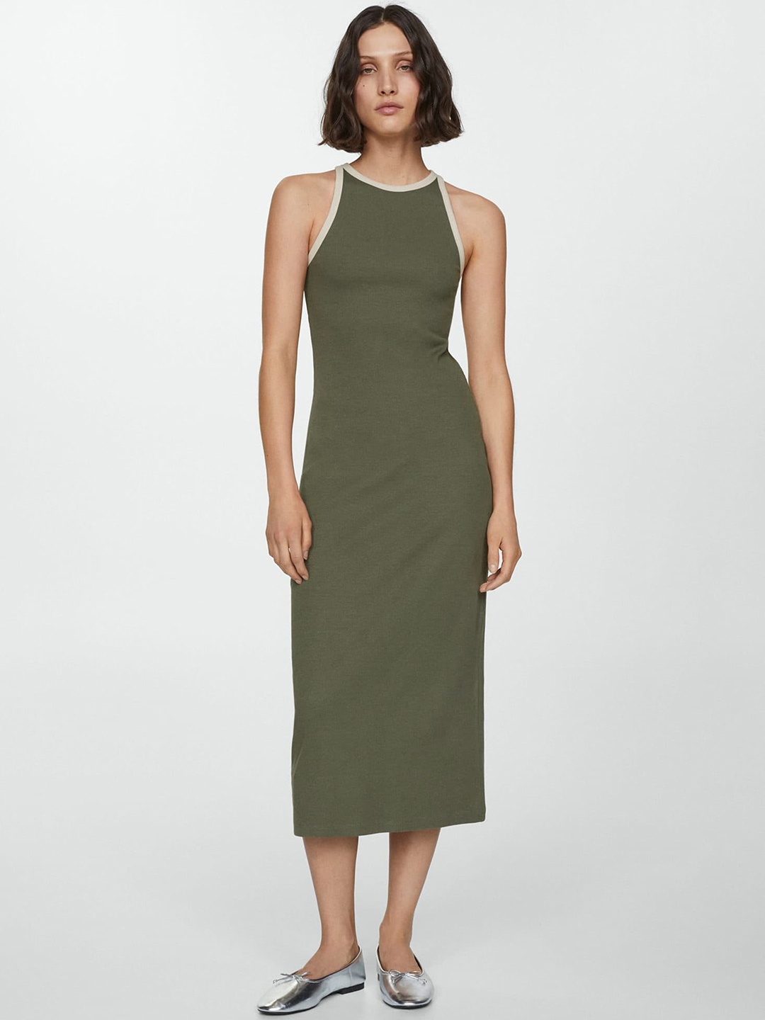 

MANGO Ribbed Bodycon Midi Dress, Olive