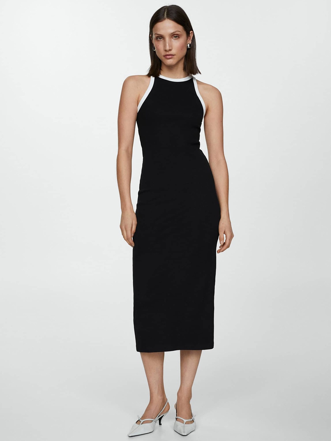 

MANGO Contrast Ribbed Knit Bodycon Midi Dress, Black