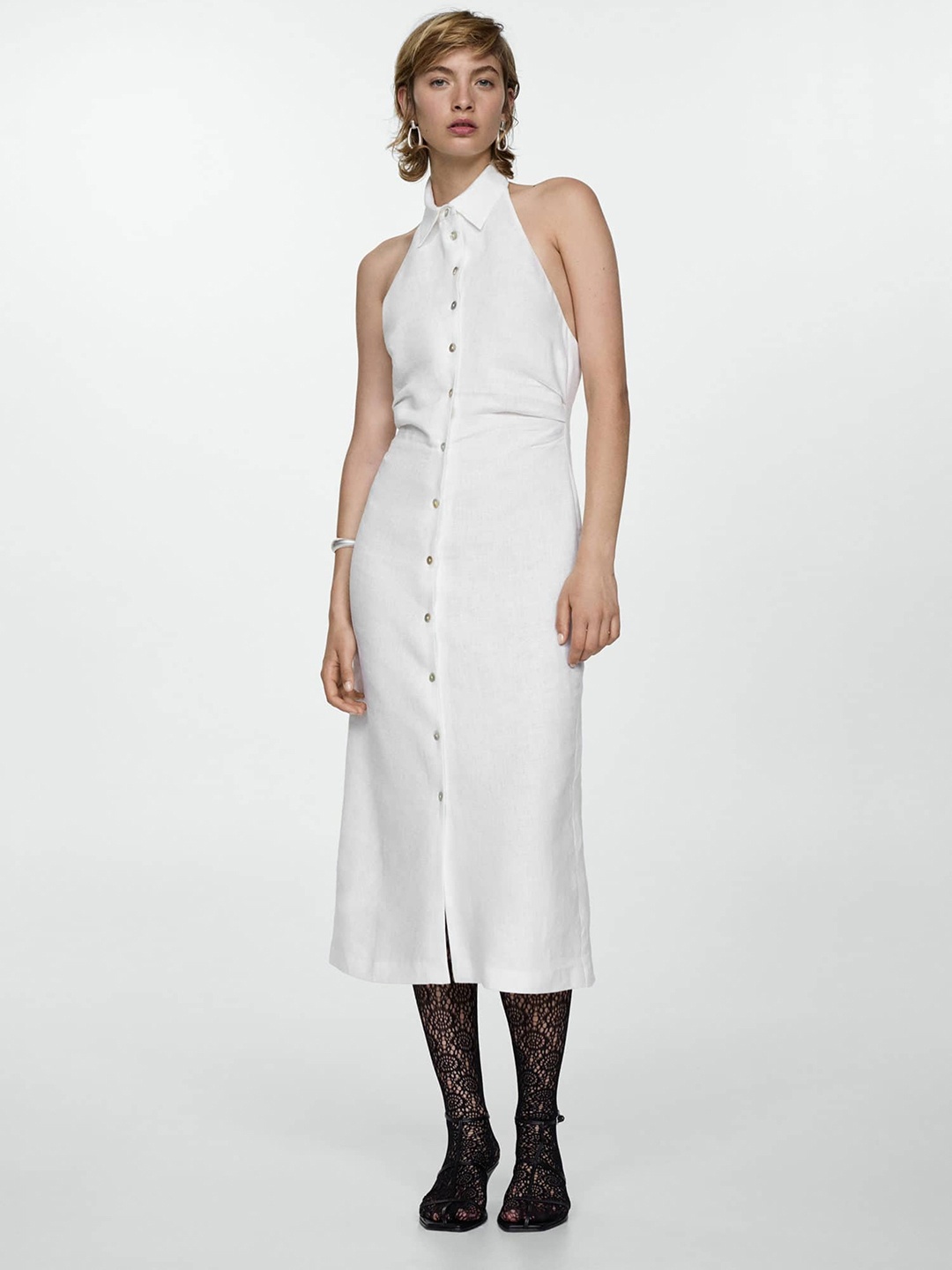 

MANGO Halter Neck Linen Shirt Dress, White