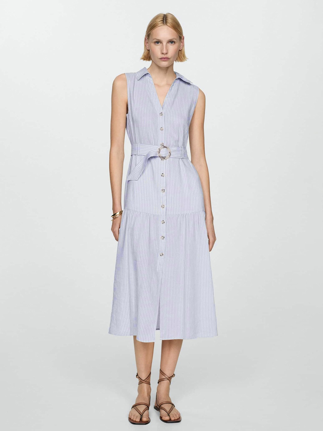 

MANGO Striped Linen Shirt Midi Dress, Blue