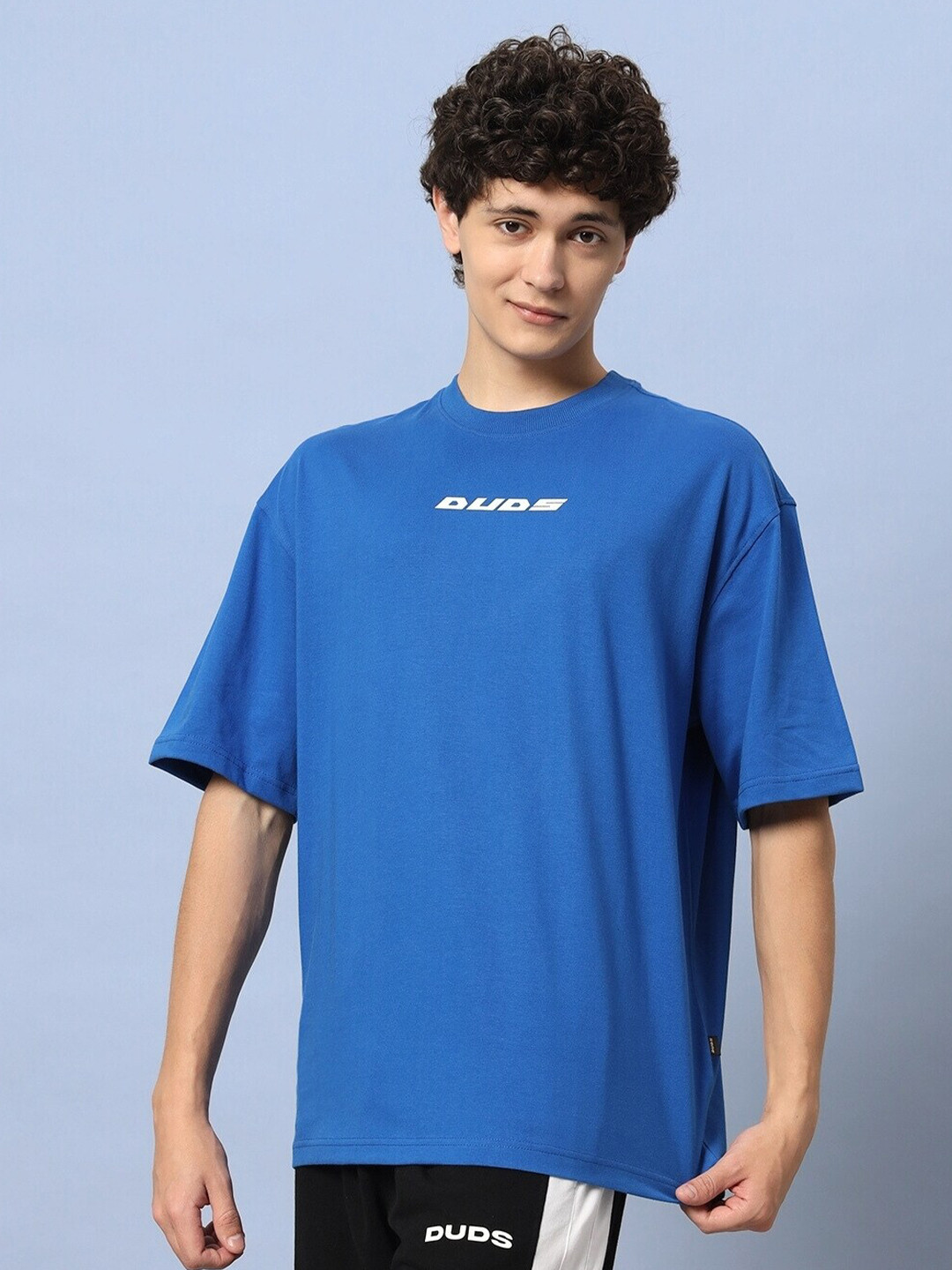 

WEARDUDS Graphic Printed Drop-Shoulder Sleeves Oversized Cotton T-shirt, Blue
