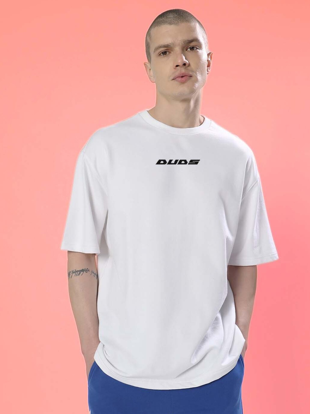 

WEARDUDS Graphic Printed Drop-Shoulder Sleeves Oversized Cotton T-shirt, White