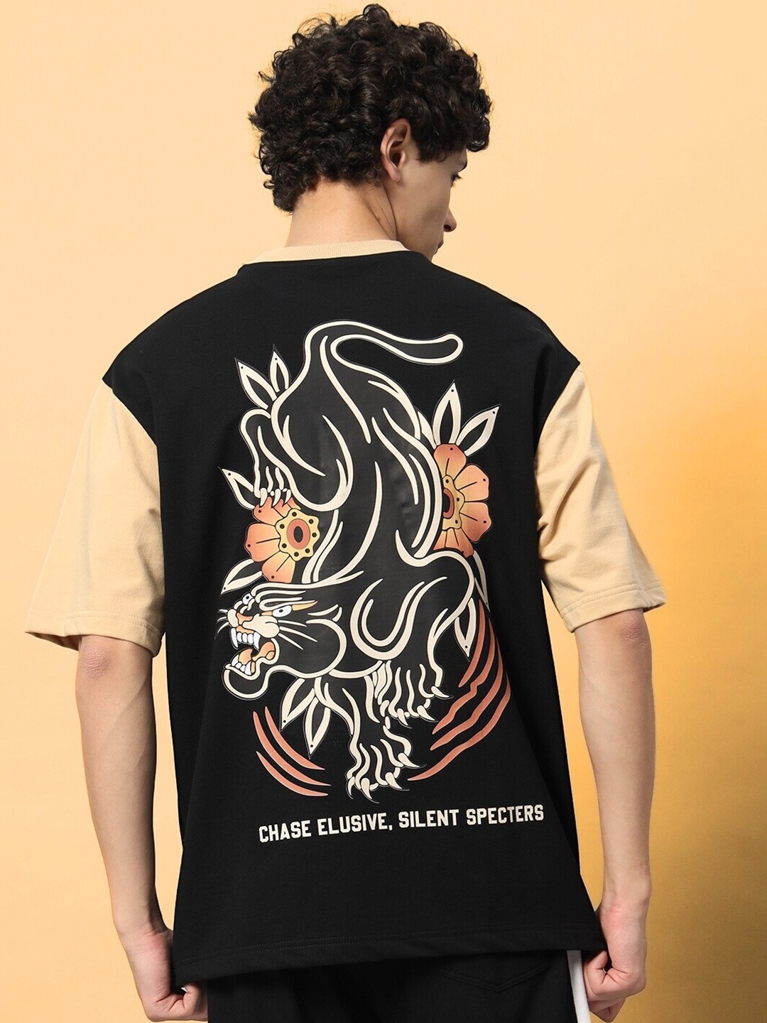 

WEARDUDS Graphic Printed Drop-Shoulder Sleeves Oversized Cotton T-shirt, Black