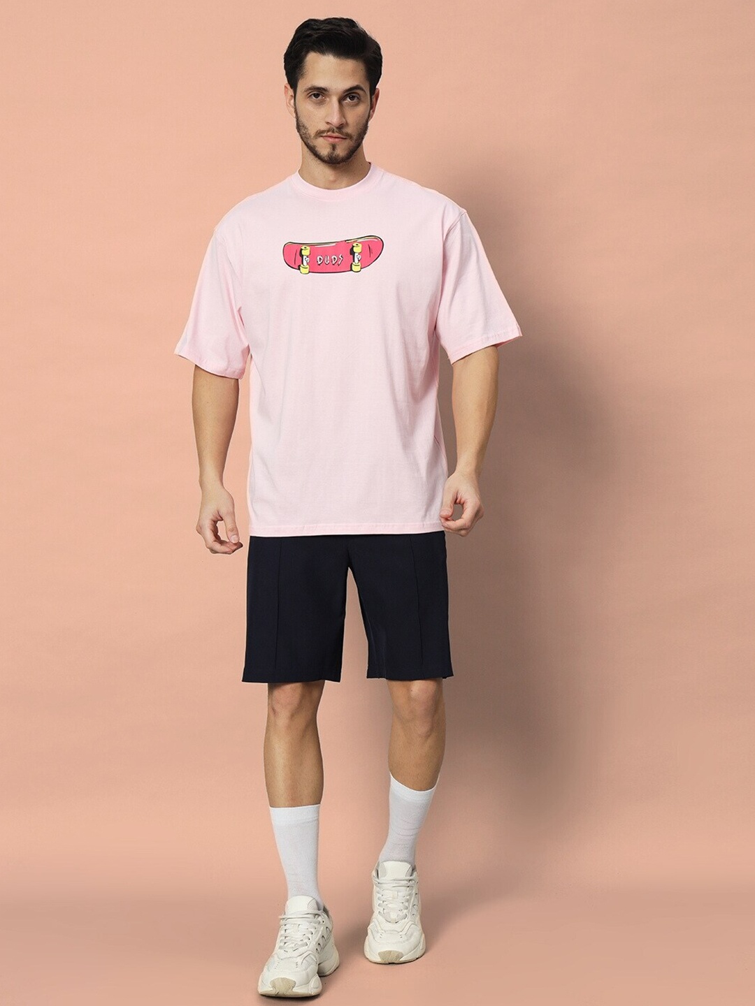 WEARDUDS Printed Drop-Shoulder Sleeves Oversized T-shirt, Pink