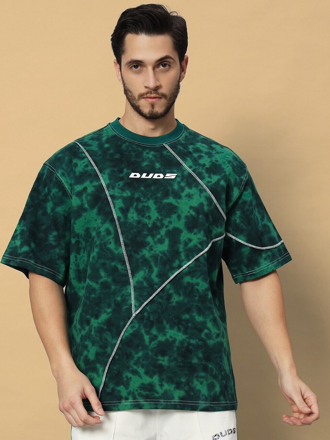 

WEARDUDS Graphic Printed Drop-Shoulder Sleeves Oversized Cotton T-shirt, Green