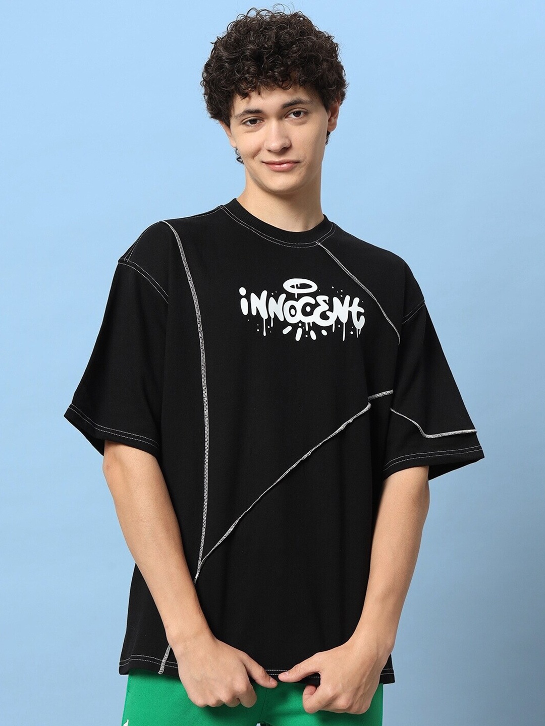 

WEARDUDS Graphic Printed Drop-Shoulder Sleeves Oversized Cotton T-shirt, Black