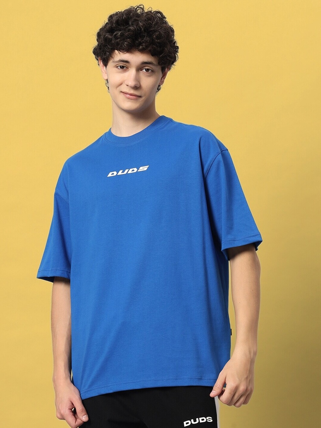 

WEARDUDS Typography Printed Drop-Shoulder Sleeves Oversized T-shirt, Blue