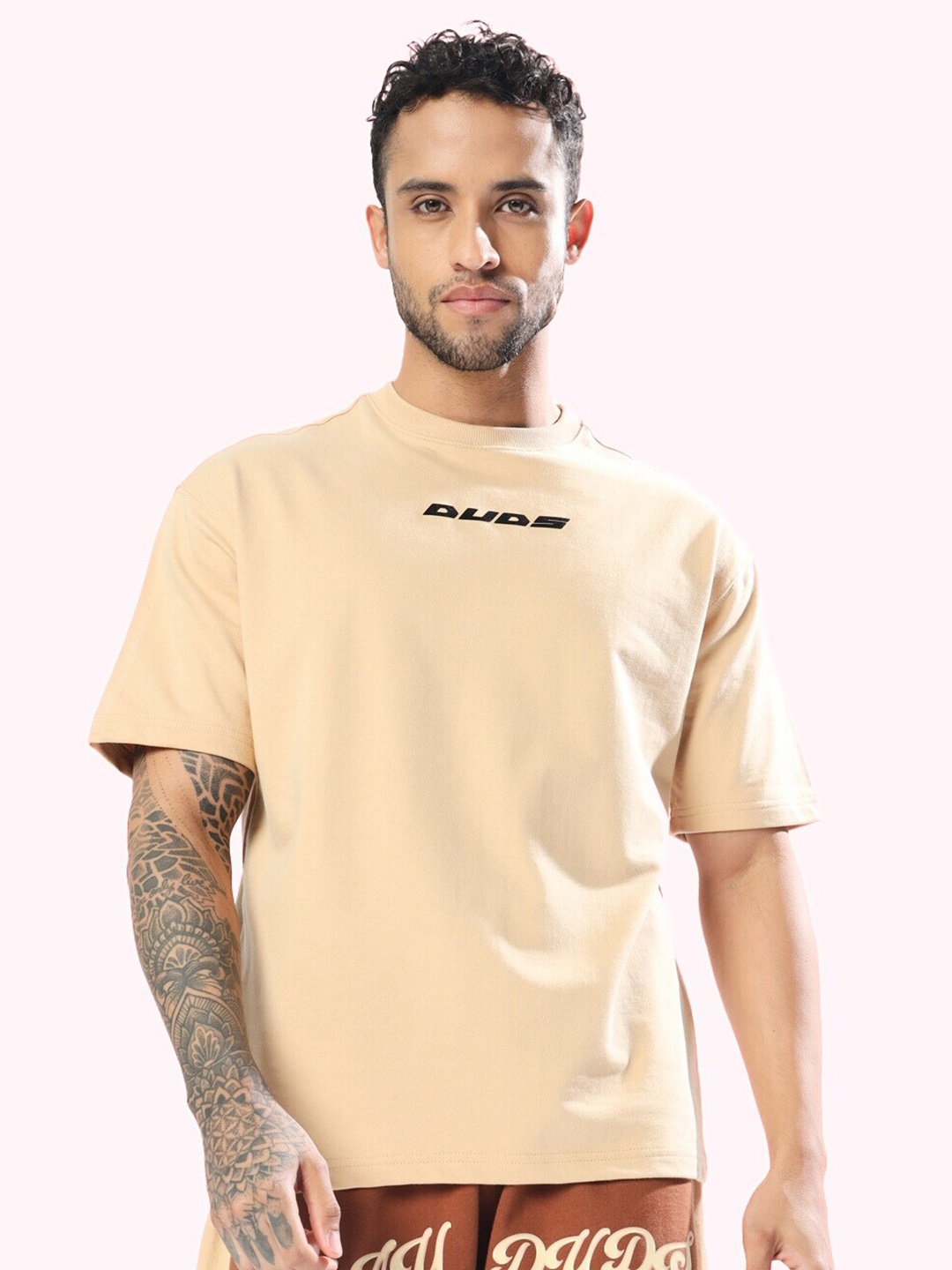 

WEARDUDS Graphic Printed Drop-Shoulder Sleeves Oversized Cotton T-shirt, Beige