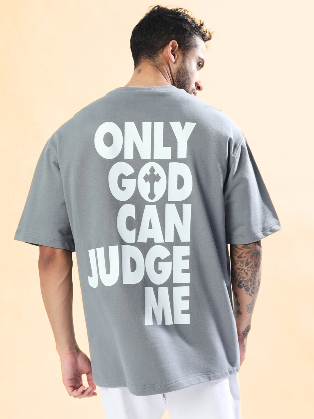 

WEARDUDS Typography Printed Drop-Shoulder Sleeves Oversized T-shirt, Grey