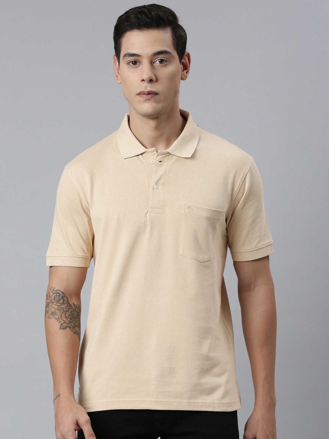 

Chennis Beige Polo Collar Pure Cotton Pockets Slim Fit T-shirt