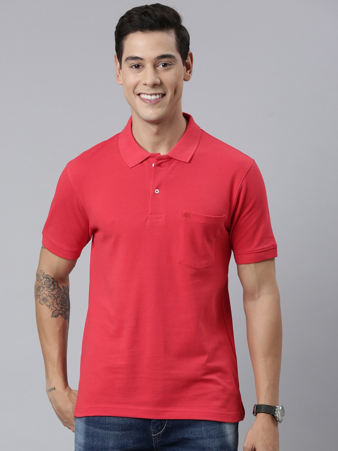 

Chennis Red Polo Collar Pure Cotton Pockets Slim Fit T-shirt