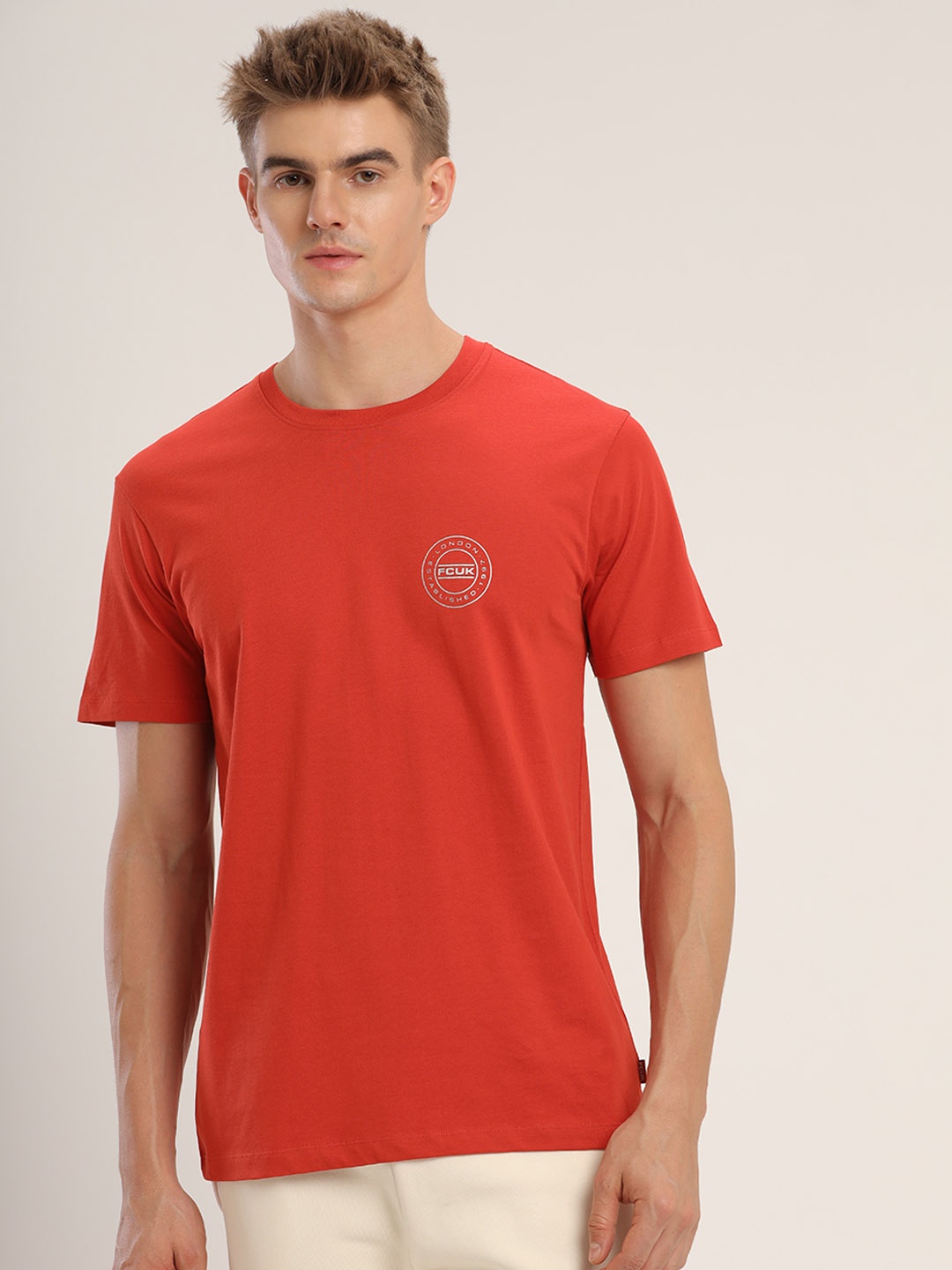 

FCUK Moisture Wicking Crew Neck Pure Cotton Lounge T-shirt, Orange