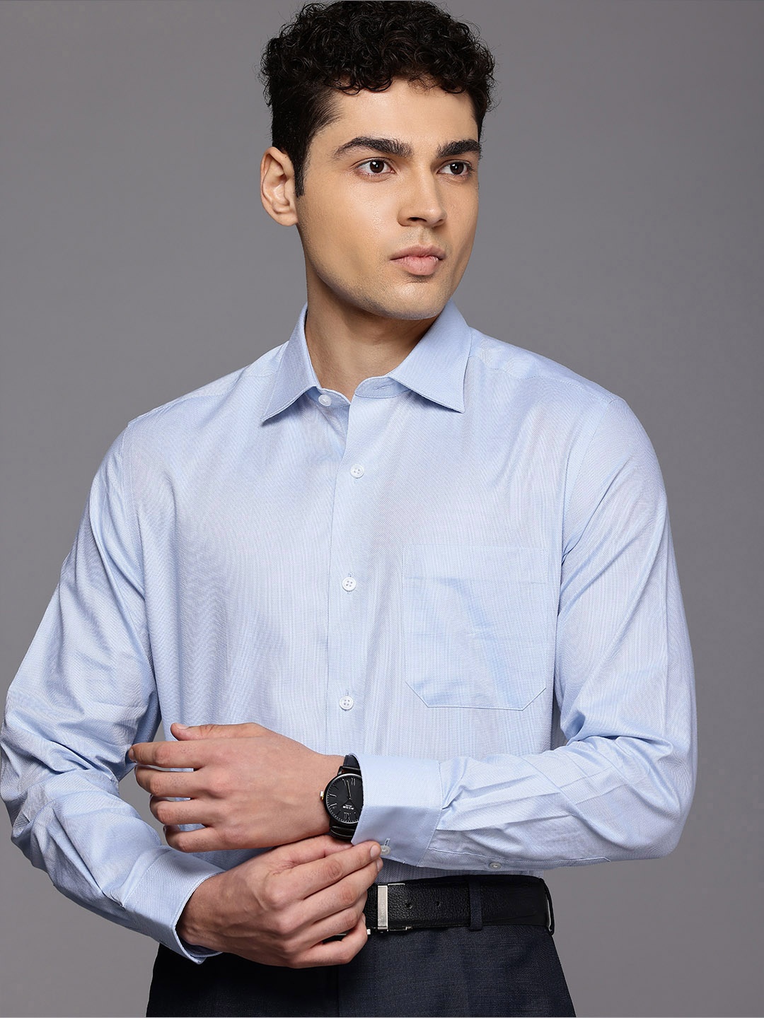 

Louis Philippe Pure Cotton Self Design Classic Fit Textured Formal Shirt, Blue