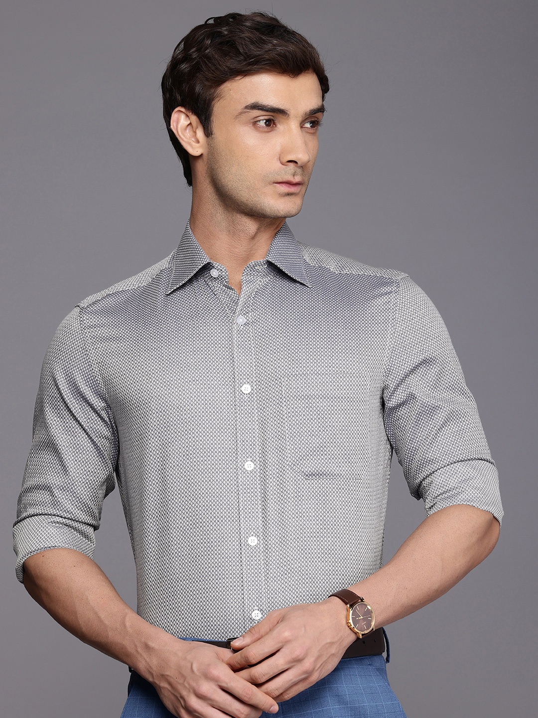 

Louis Philippe Classic Textured Pure Cotton Formal Shirt, Grey