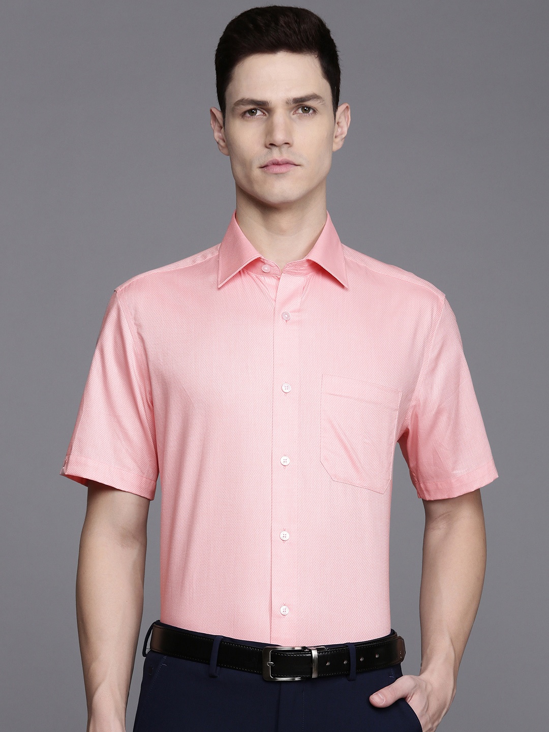 

Louis Philippe Self Design Classic Fit Opaque Pure Cotton Formal Shirt, Pink