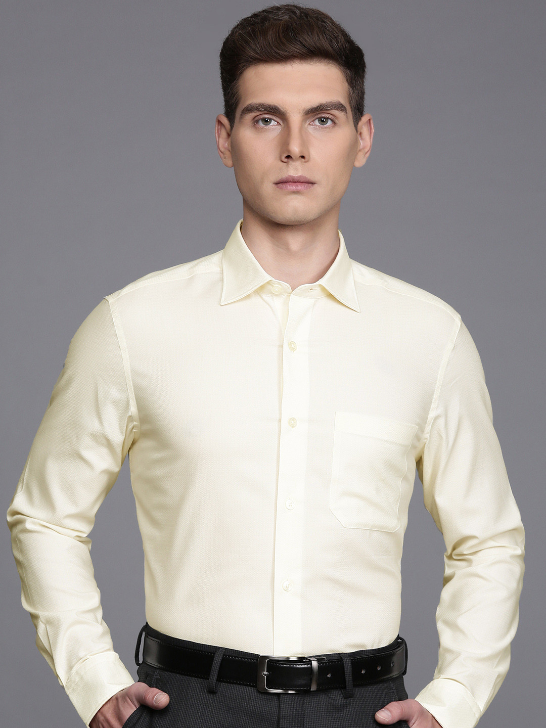 

Louis Philippe Pure Cotton Self Design Classic Fit Textured Formal Shirt, Yellow