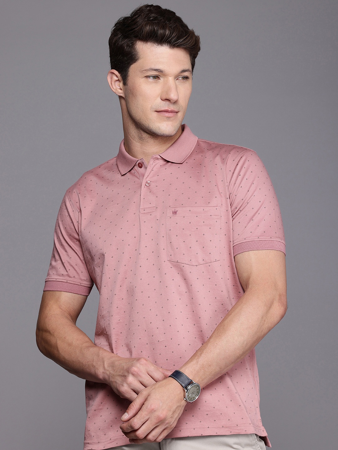 

Louis Philippe Geometric Printed Polo Collar Pure Cotton T-shirt, Mauve