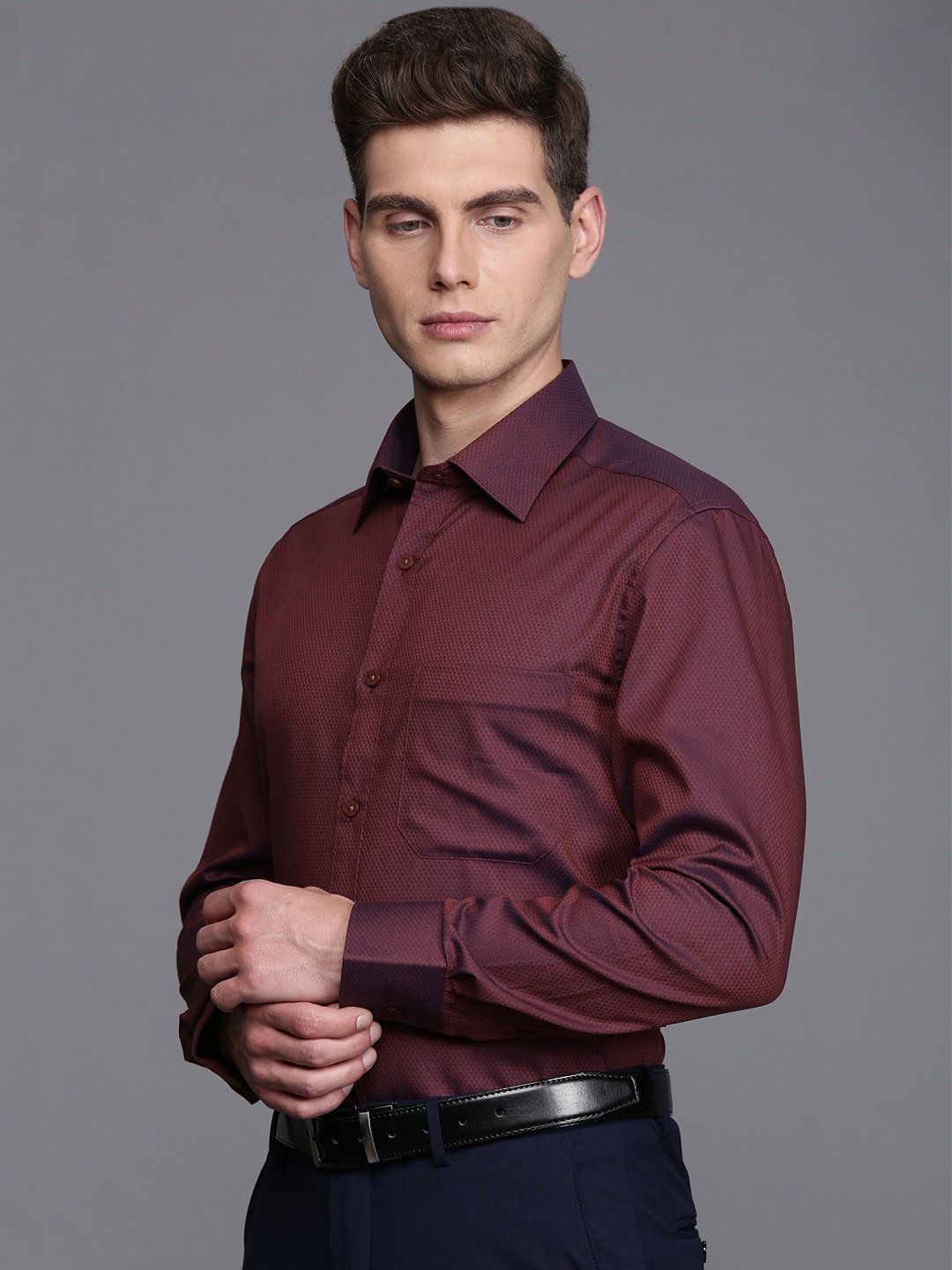 

Louis Philippe Pure Cotton Self Design Textured Classic Opaque Formal Shirt, Maroon