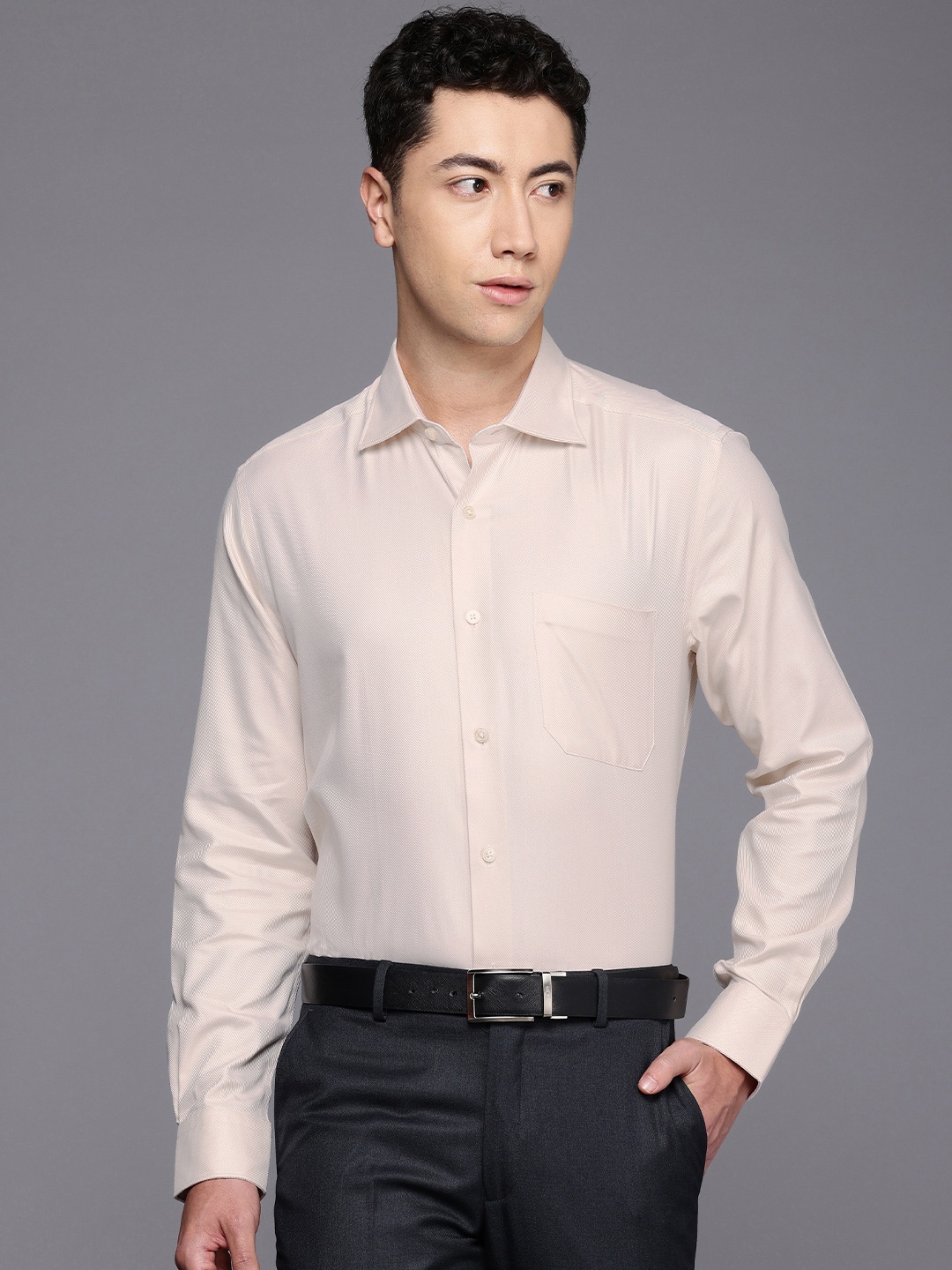 

Louis Philippe Pure Cotton Self Design Classic Fit Textured Formal Shirt, Beige