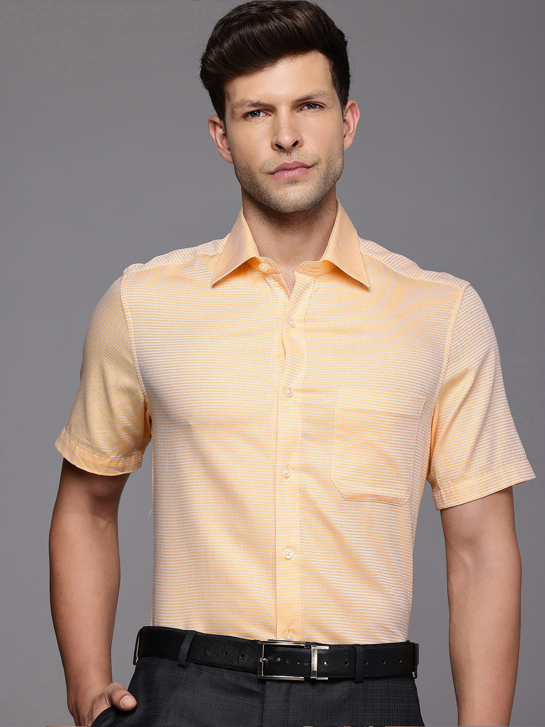 

Louis Philippe Pure Cotton Self Design Classic Fit Textured Formal Shirt, Yellow