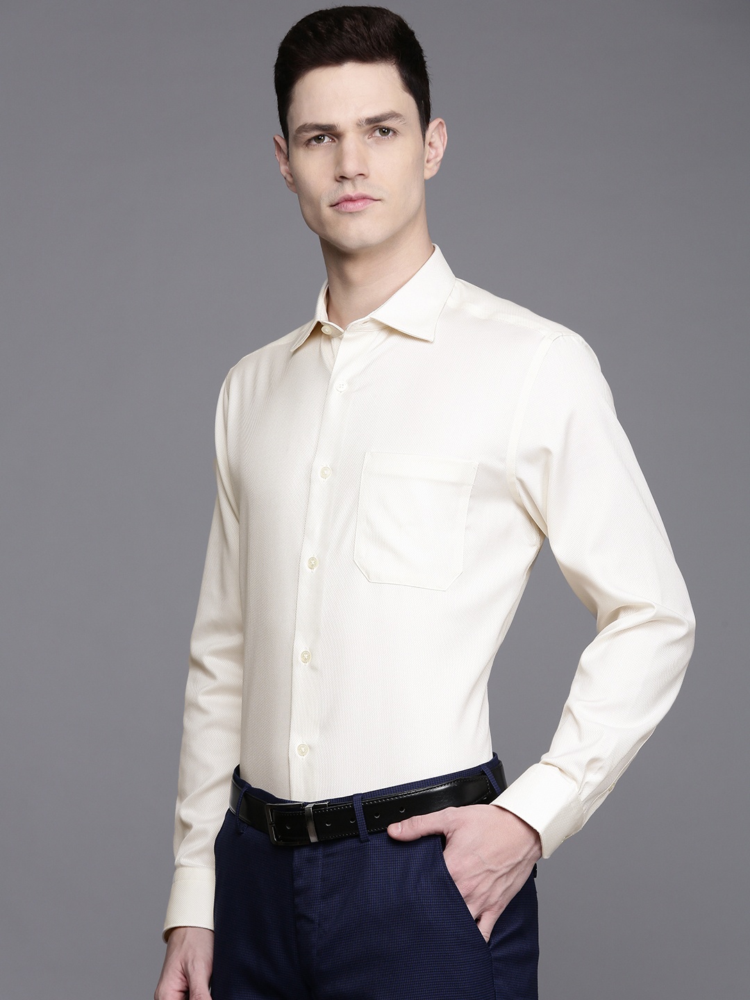 

Louis Philippe Pure Cotton Self Design Classic Fit Textured Formal Shirt, Cream