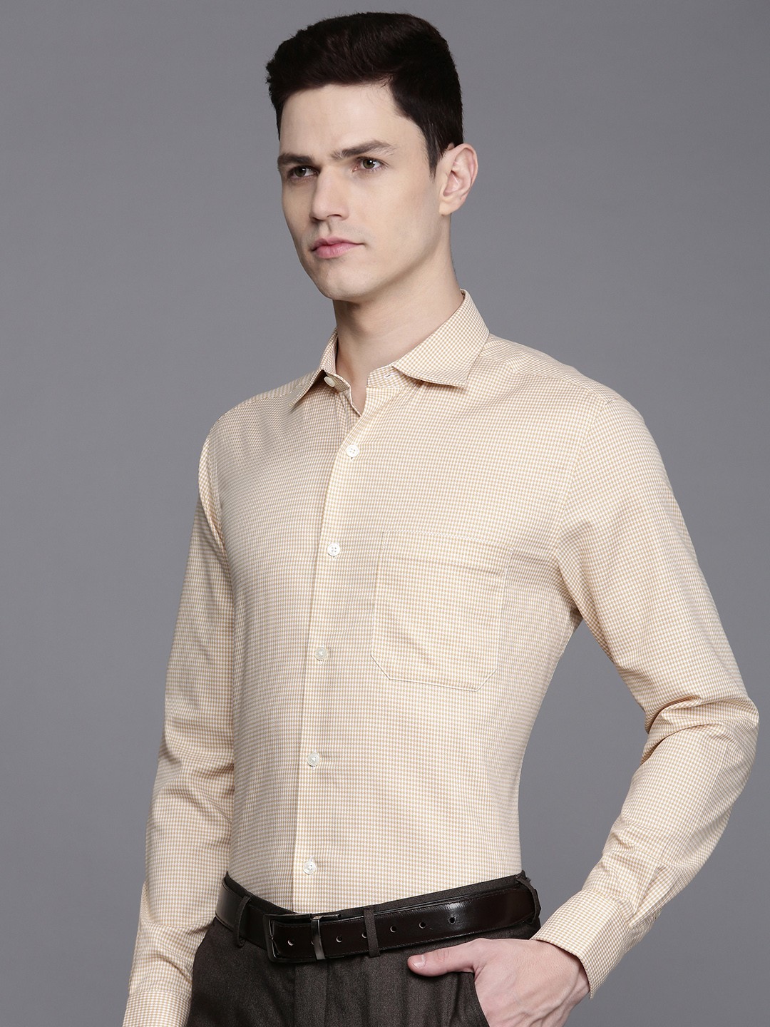 

Louis Philippe Pure Cotton Classic Fit Checked Formal Shirt, Beige