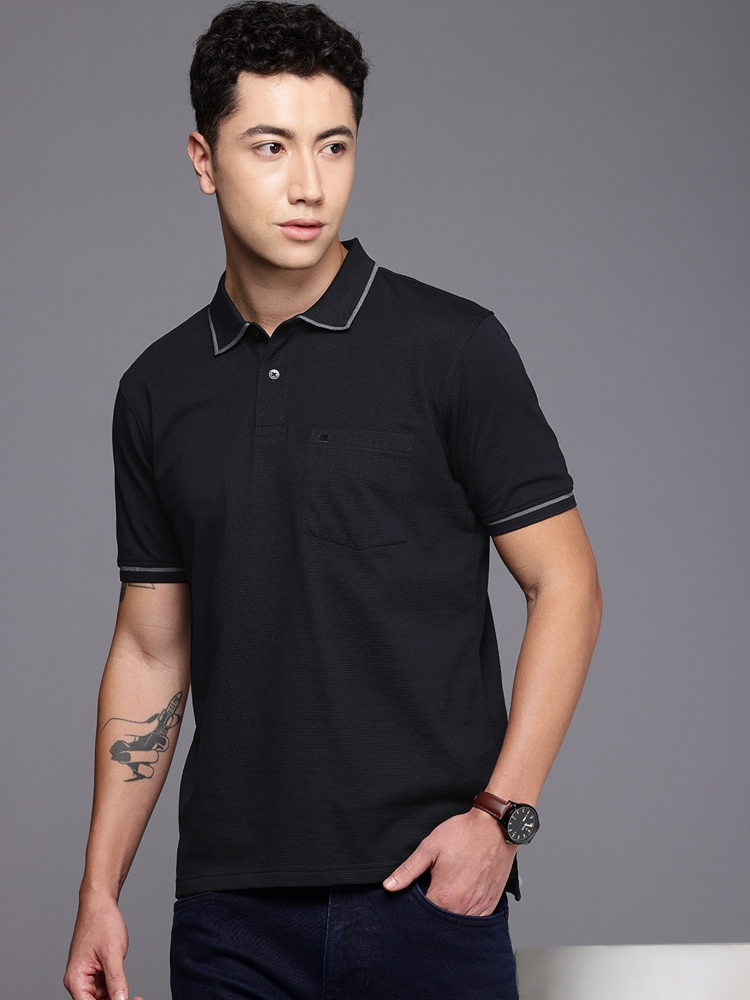 

Louis Philippe Ribbed Polo Collar Pure Cotton Pocket T-shirt, Black