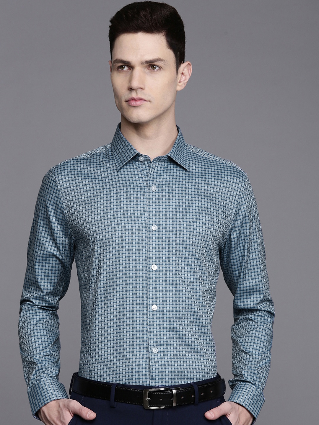 

Louis Philippe Slim Fit Opaque Checked Formal Shirt, Blue