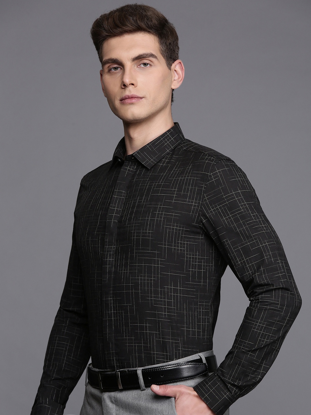 

Louis Philippe Pure Cotton Super Slim Fit Opaque Printed Formal Shirt, Black