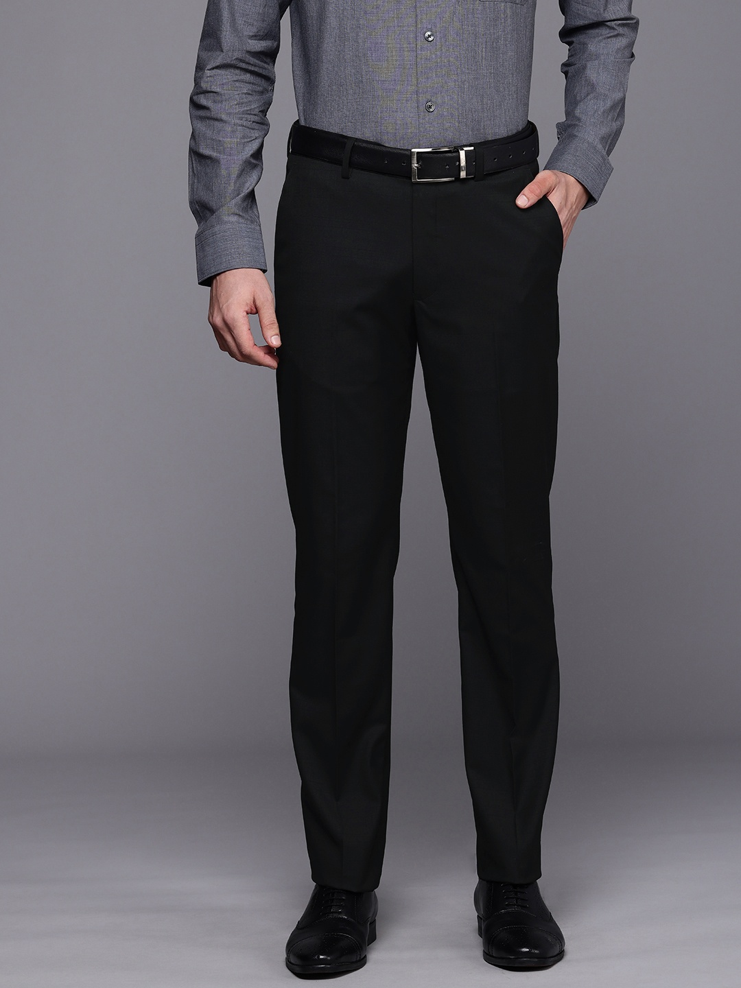 

Louis Philippe Men Checked Slim Fit Formal Trousers, Black