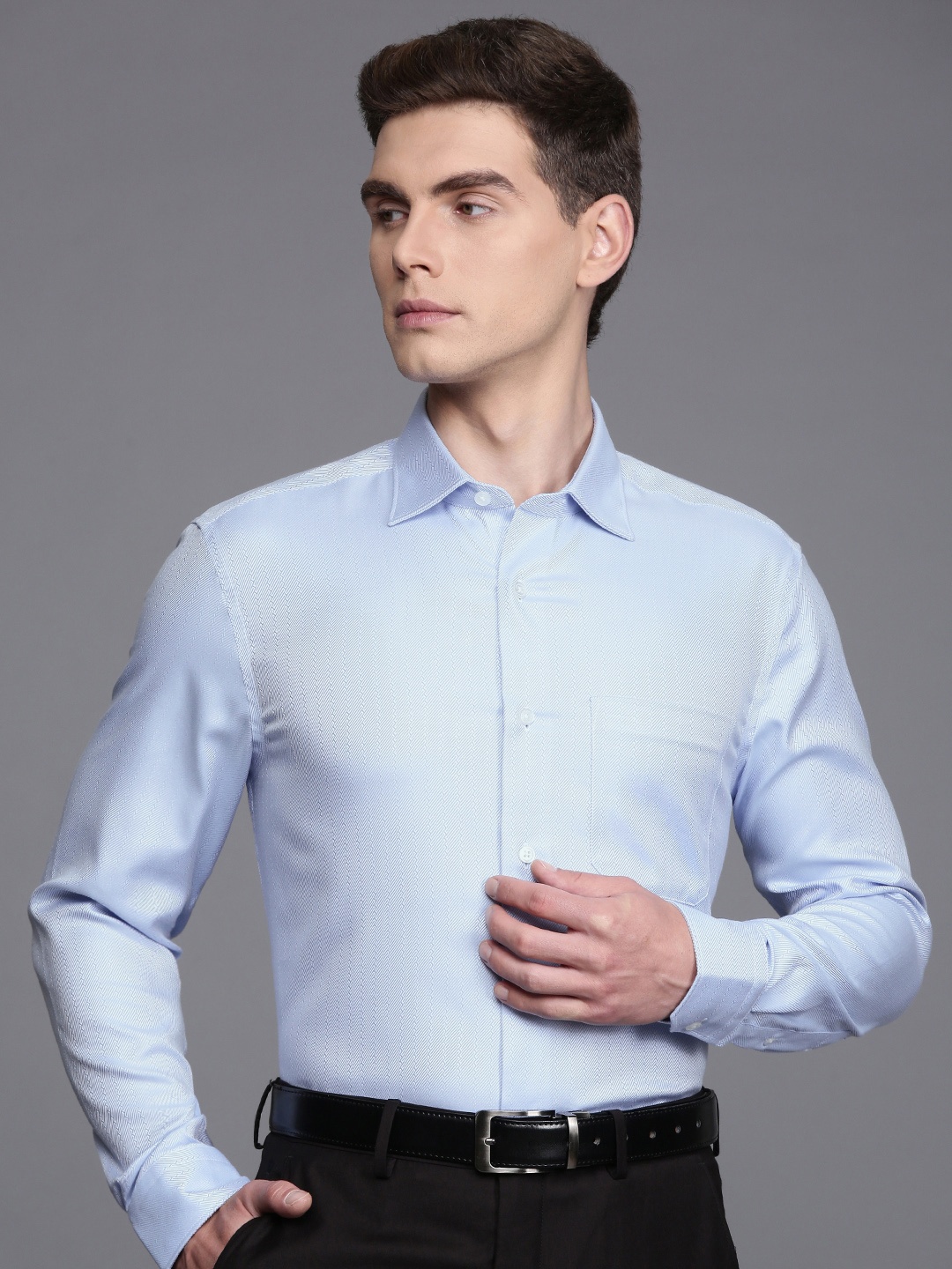 

Louis Philippe Pure Cotton Self Design Classic Fit Textured Formal Shirt, Blue