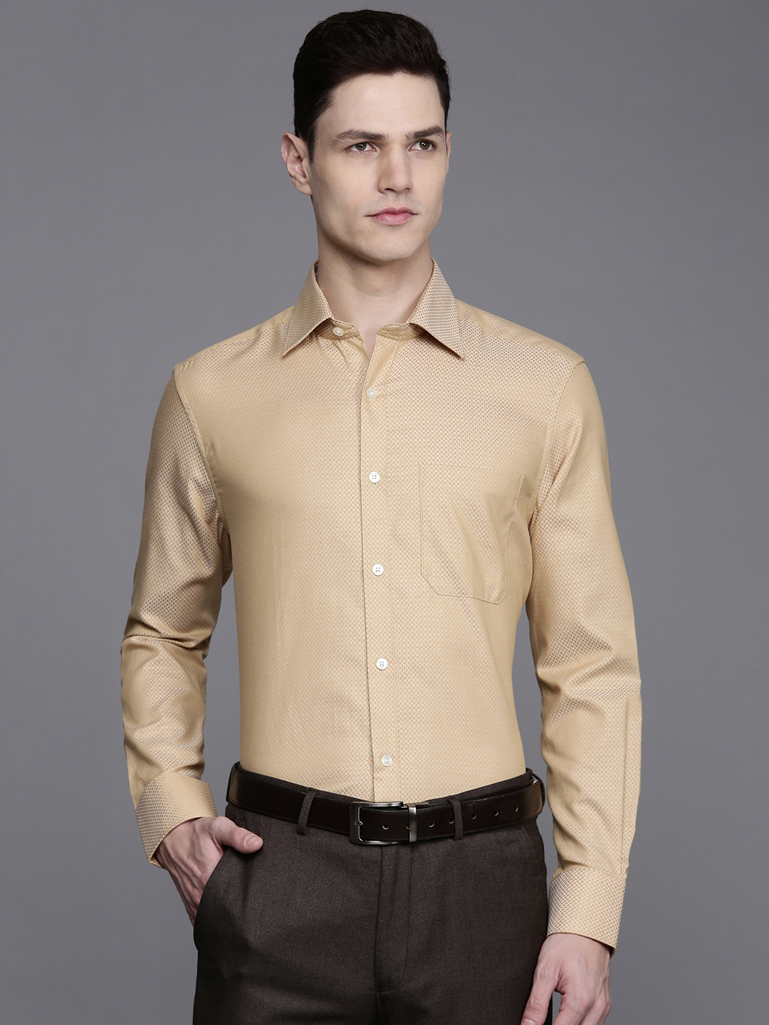 

Louis Philippe Self Design Classic Fit Opaque Pure Cotton Formal Shirt, Beige