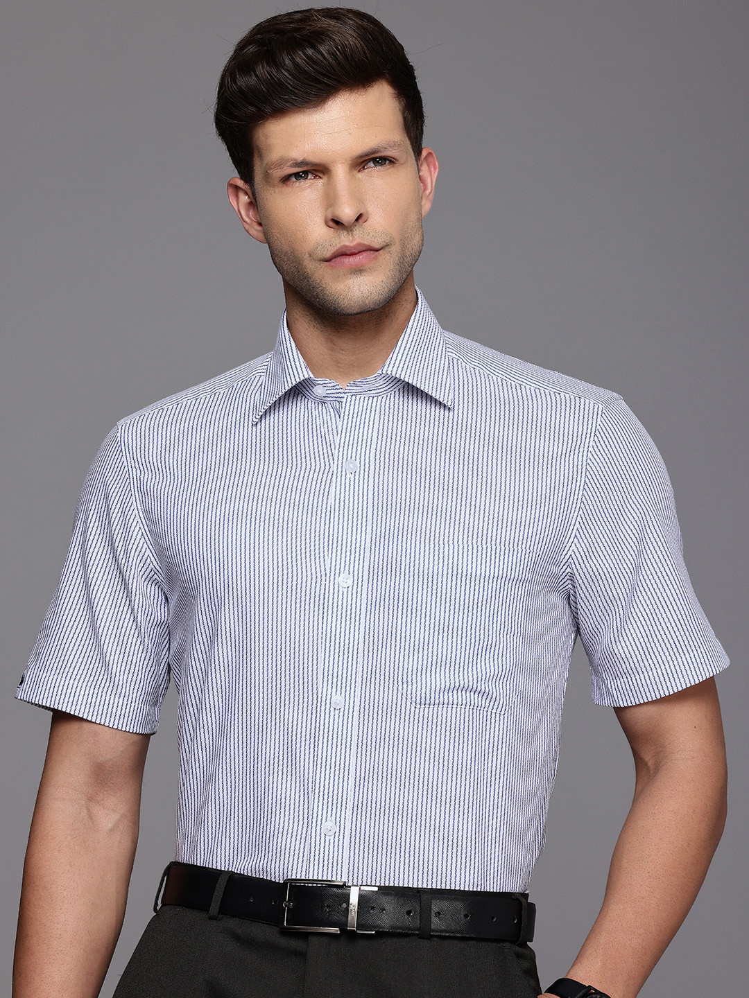 

Louis Philippe Pure Cotton Classic Fit Self Design Striped Opaque Formal Shirt, Navy blue