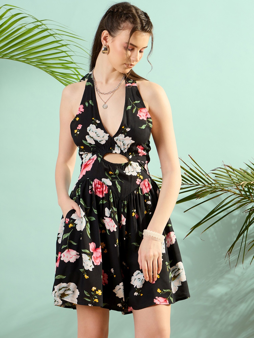 

STYLECAST X KASSUALLY Floral Printed Pure Cotton Halter Neck Playsuit, Black