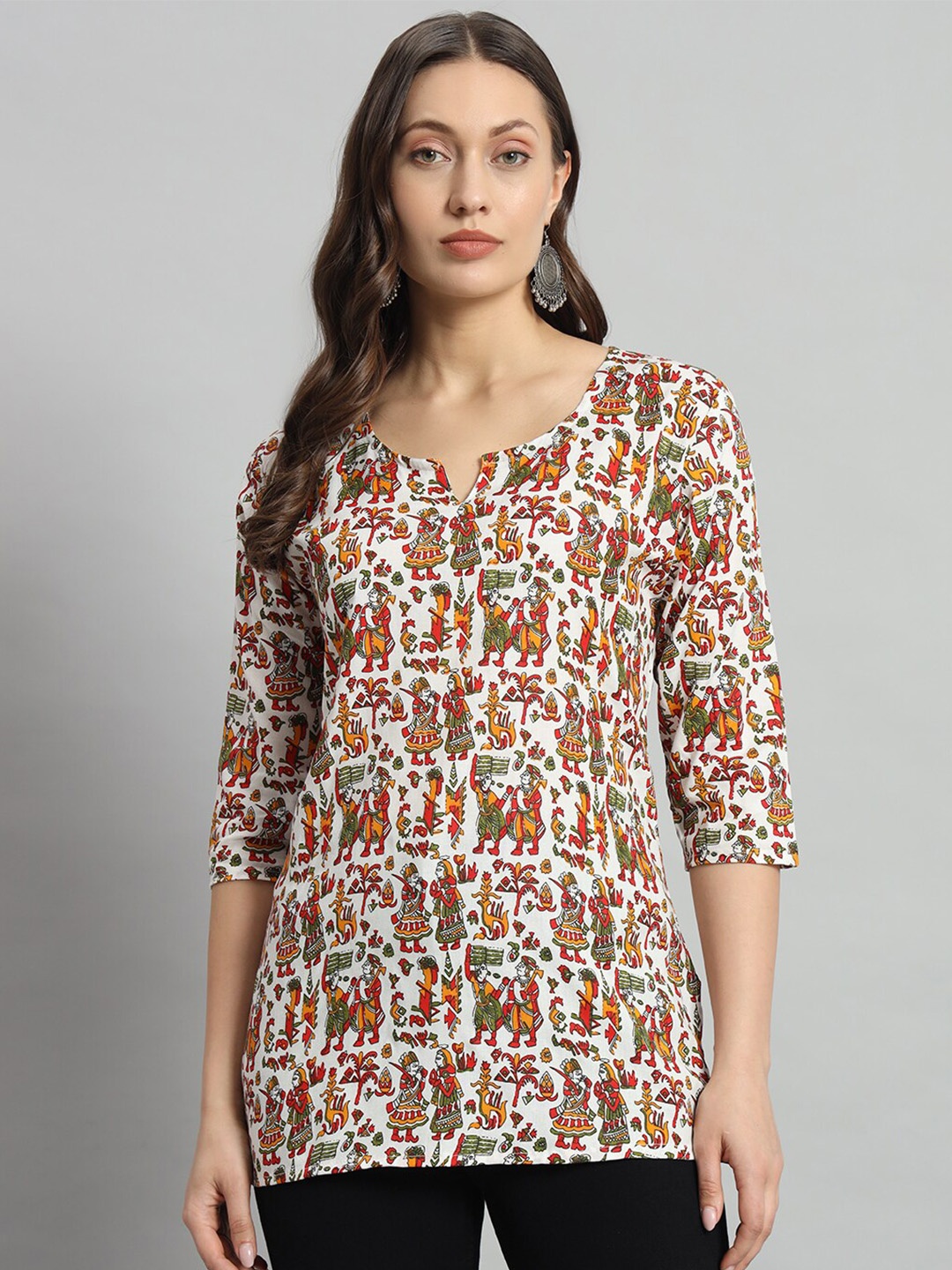 

Mialo fashion Ethnic Motifs Printed Notch Neck Straight Kurti, White